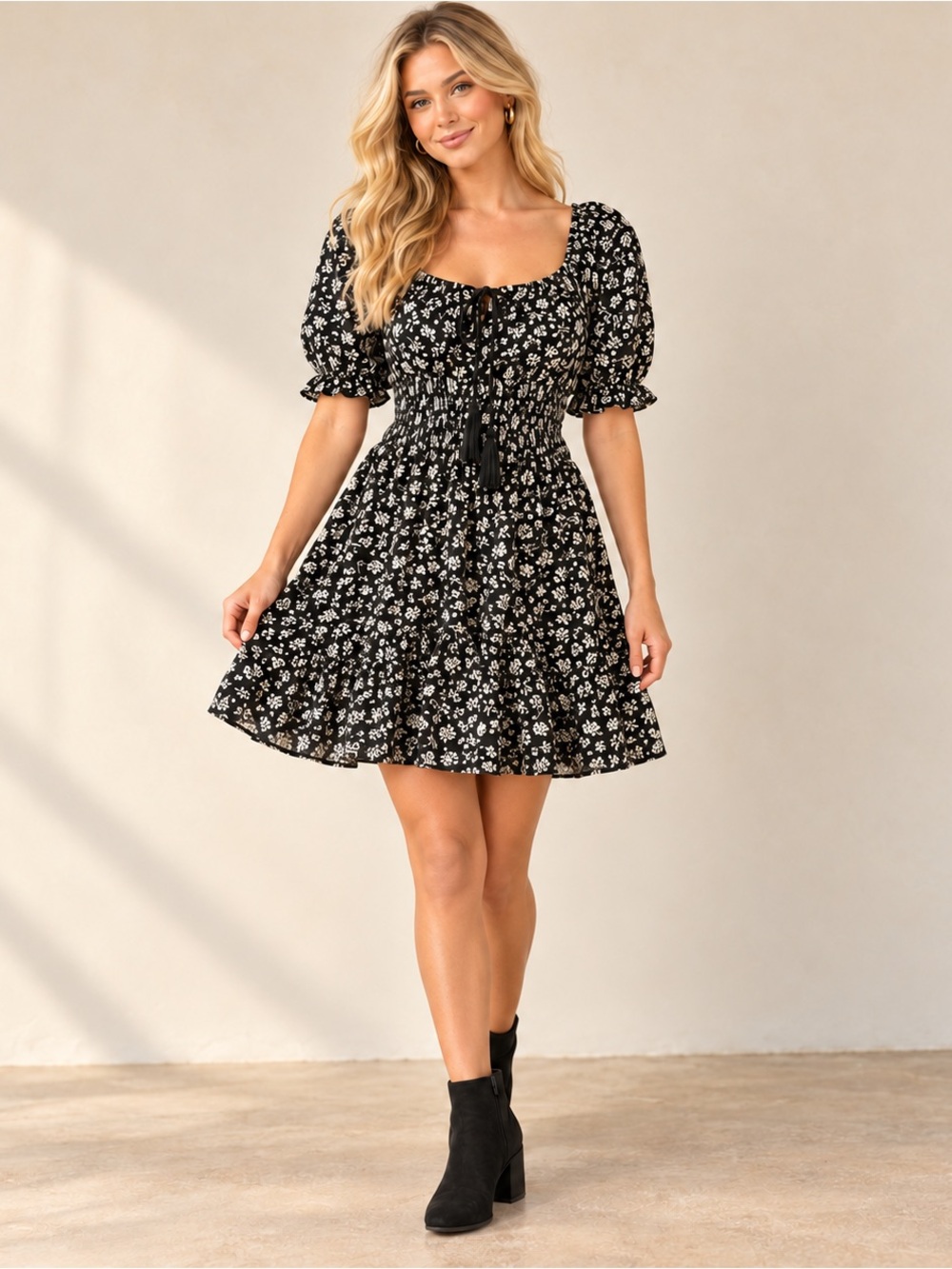 Blush Black Mini Dress with White Floral Print and Smocked Waist